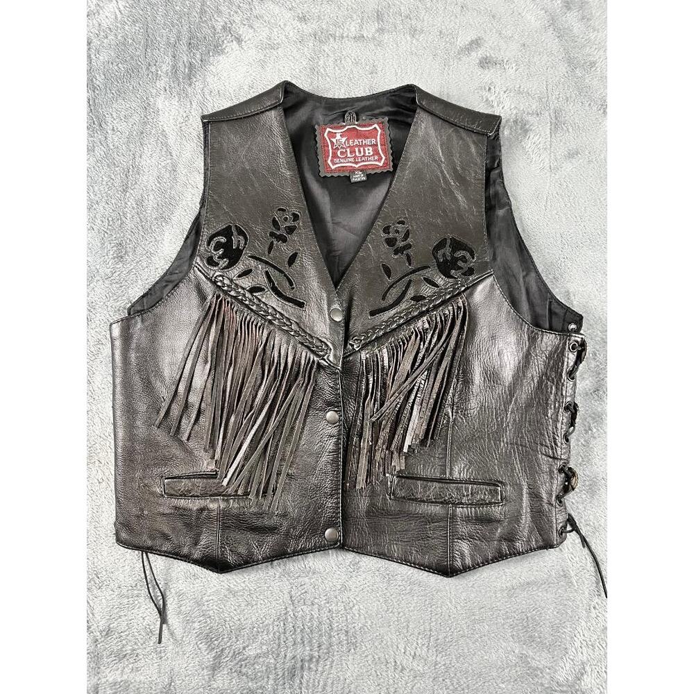 Vintage women’s Black XL leather club black Rose cut out bikers vest